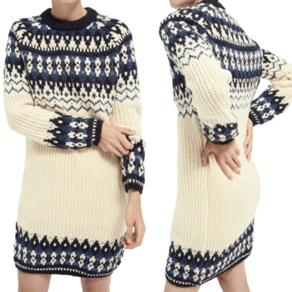 Scotch & Soda Dresses & Skirts - NWT Scotch & Soda Fair Isle Sweater Dress Knit Long Sleeve Blue Ivory Medium